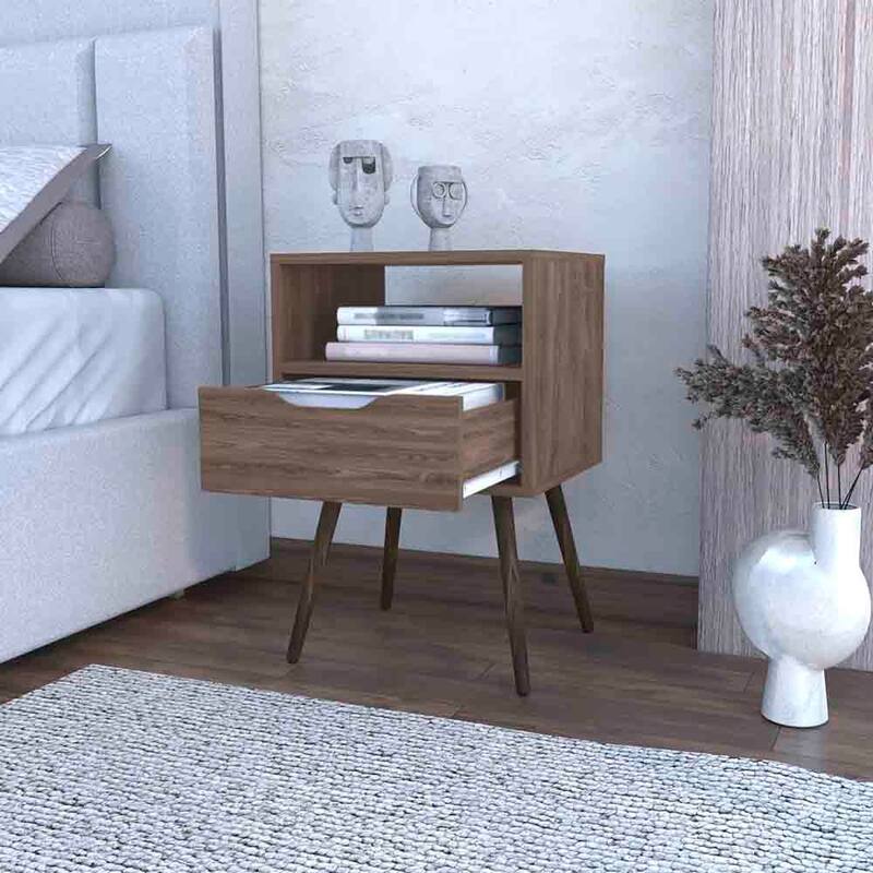 Dark Walnut Nightstand with Open Shelf and Single Drawer
