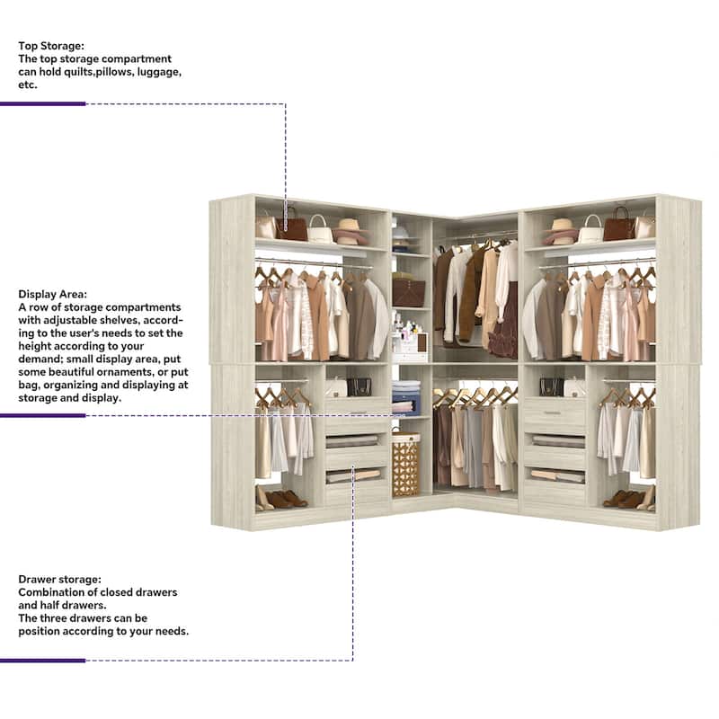 Qvella Corner Closet System with 6 Wooden Drawers and 6 Hanging Rods, Closet Organizer Wardrobe for Walk-in/Reach-in Closet