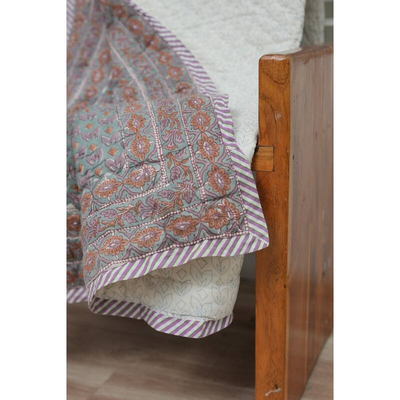 Fabdivine Luxury Hand Block Print Cotton Quilt Floral Boho Bedding for Bedroom & Sofa, Pink Brown, Handmade Reversible Bedspread