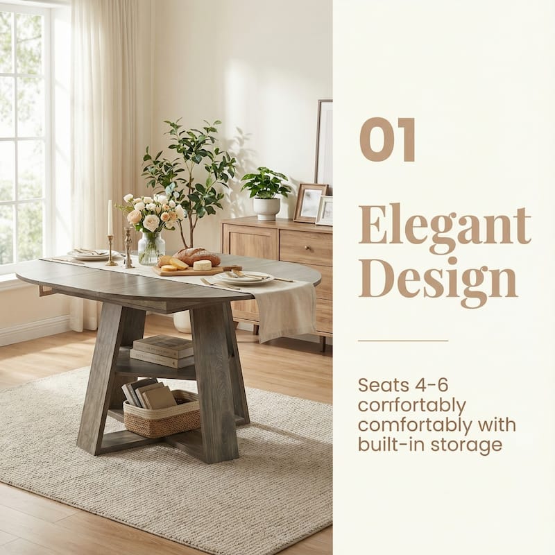 43.3"-59" Extendable Round Dining Table with Storage Shelf