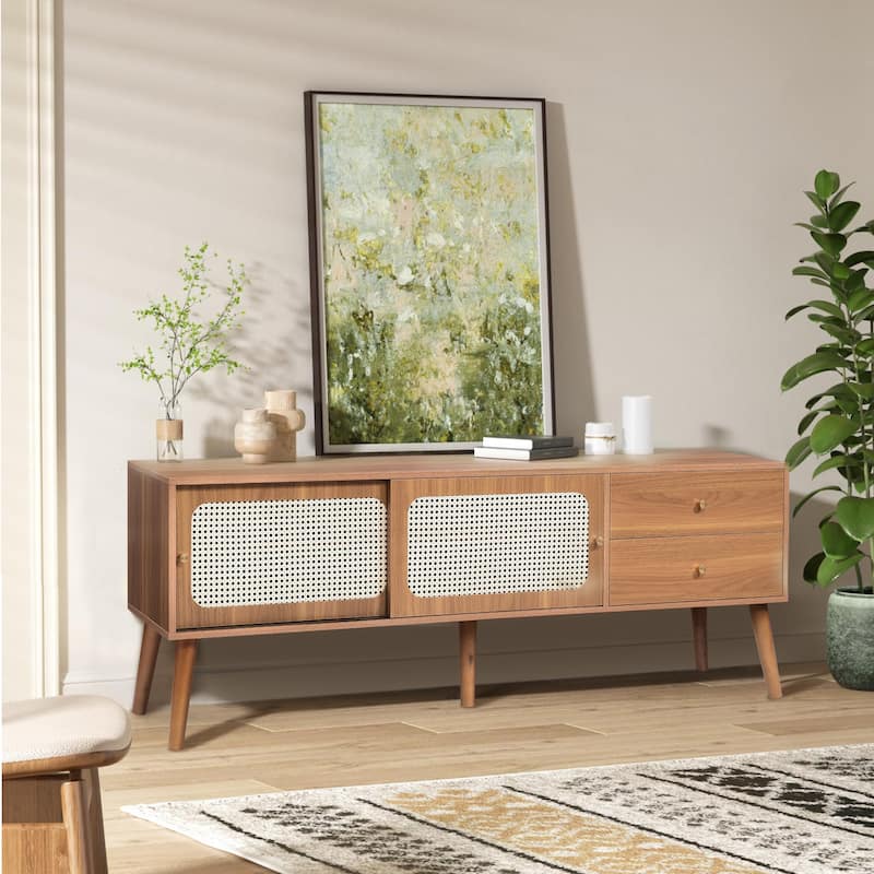 62.9"W Mid-Century TV Stand with Sliding Doors & Drawers, Entertainment Center TV Console Table with Rattan Doors, For 70"TV
