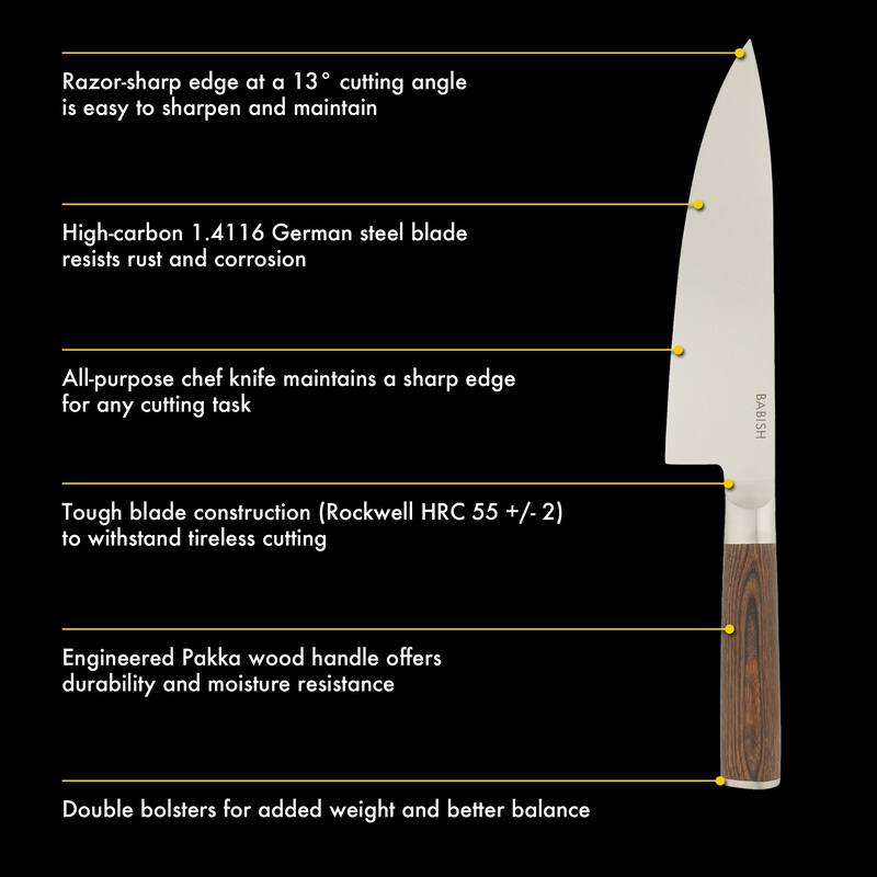 Babish High Carbon 1.4116 German Steel Full Tang 8-Inch Chef Knife - for Chopping, Slicing, Dicing & Everyday Prep