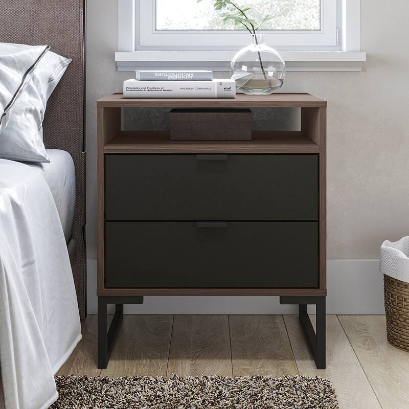Mid-Century Modern Collins Nightstand - 2 Drawers & Niche