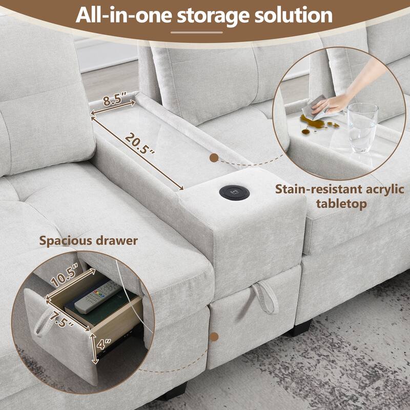L-shape Chenille Sectional Sofa with 2 Acrylic Consoles Table Top, USB Charger, 2 Drawers, Pockets and Ottoman for Living Room