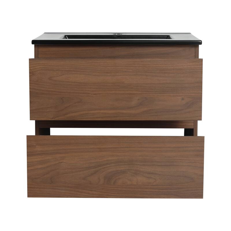 Modern 24" Floating Bathroom Vanity with Black Ceramic Basin, Soft-Close Drawers, Water-Resistant Melamine Surface