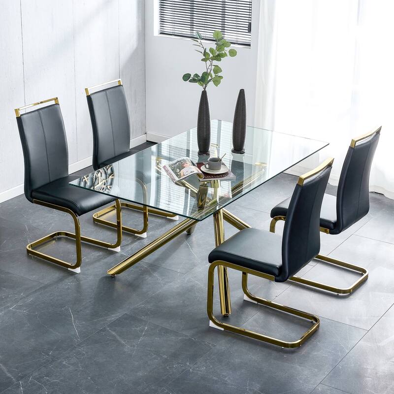 Modern Dining Chairs PU Faux Leather High Back Upholstered Side Chair with Golden C-shaped Tube Chrome Metal Legs