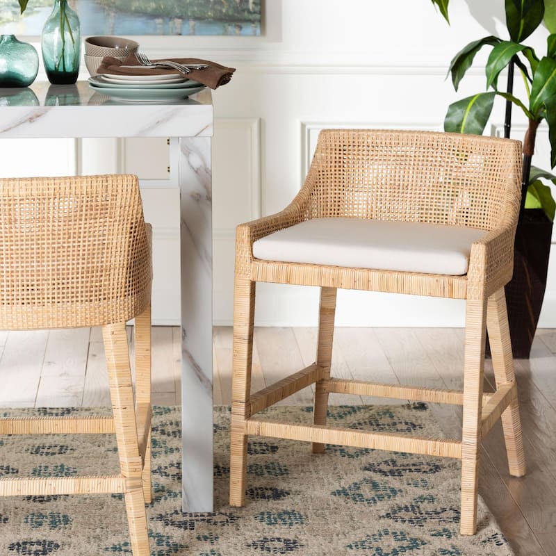 Beata Natural Rattan Counter Stool - Handcrafted Wingback Counter Chair with Removable Cushion, Coastal Boho Style