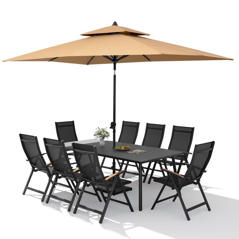 11PC Outdoor Patio Dining Set Wood-Like Aluminum Umbrella Hole Table with Folding Chairs,Double Top Market Umbrella and Base