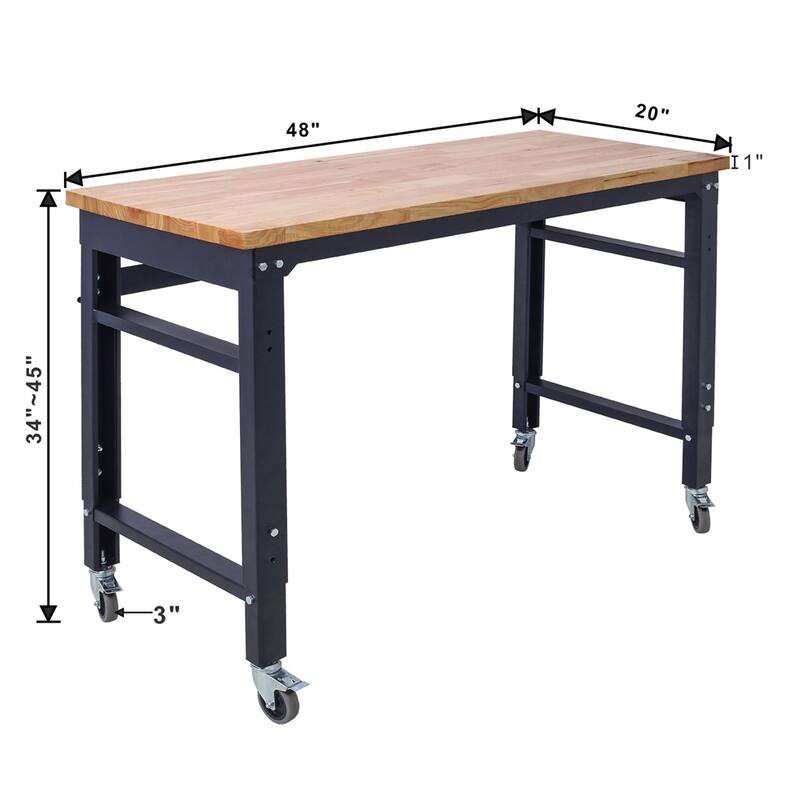 48" Adjustable Height Metal Rolling Workbenches with Wood Top