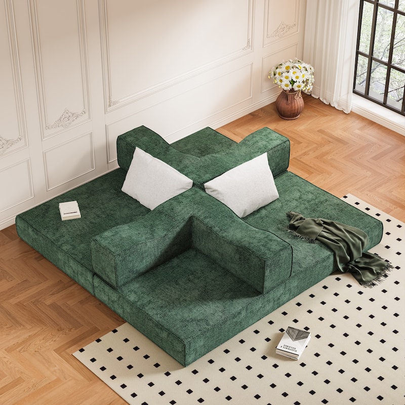 80" Convertible Sofa Bed with 2 Pillows, 2-Seat Folding Floor Couch, Multifunctional Chenille Loveseat Living Room Sleeper Sofa