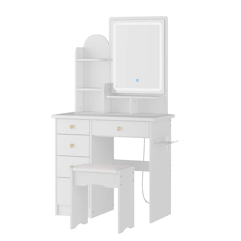 Modern Vanity Desk with Adjustable Mirror Lights and Hair Dryer Shelf