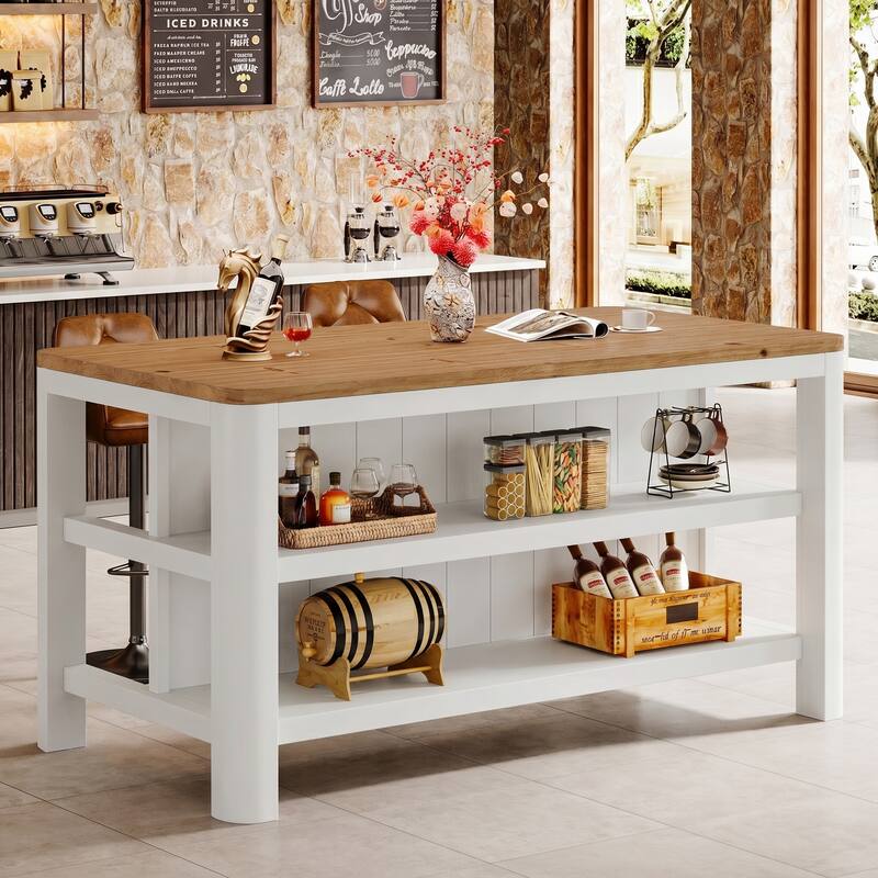 63 Inch Solid Wood Kitchen Island Table with Storage Shelves - Light Brown / White
