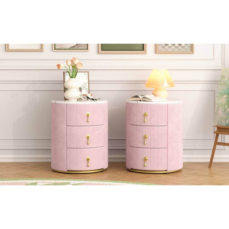2 Set Upholstered Nightstand with 3 Drawers, Round Bedside Table with Metal Handles,Marbling Stickers Top Night Table