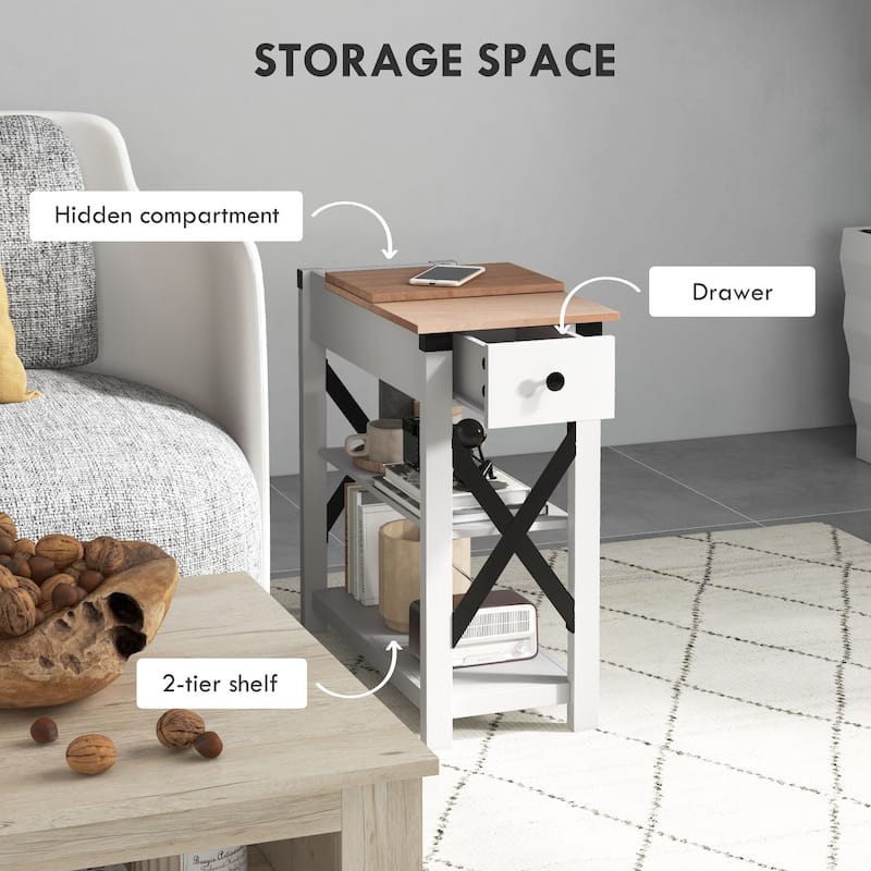 HOMCOM Side Table with Charging Station, End Table with 2 USB Ports and 1 Outlet, Storage Shelves for Living Room, White