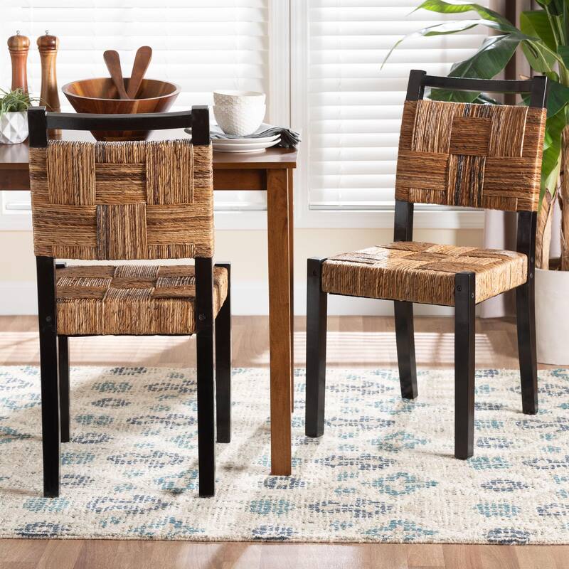 Raniya Handwoven Seagrass Dining Chair Set of 2- Solid Mango Wood Frame with Woven Seat and Backrest, Black