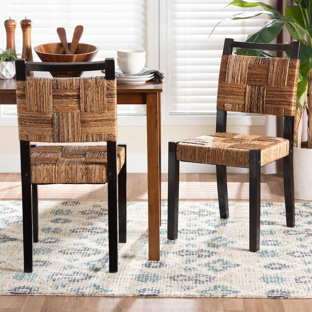 Raniya Handwoven Seagrass Dining Chair Set of 2- Solid Mango Wood Frame with Woven Seat and Backrest, Black