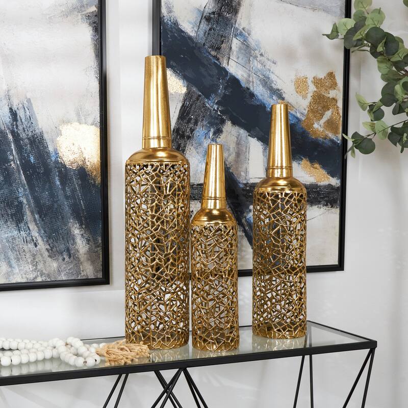 The Novogratz Gold Metal Abstract Patterned Decorative Vase with Open Frame Design (Set of 3) - 30, 25, 21"H - 30, 25, 21"H - Gold