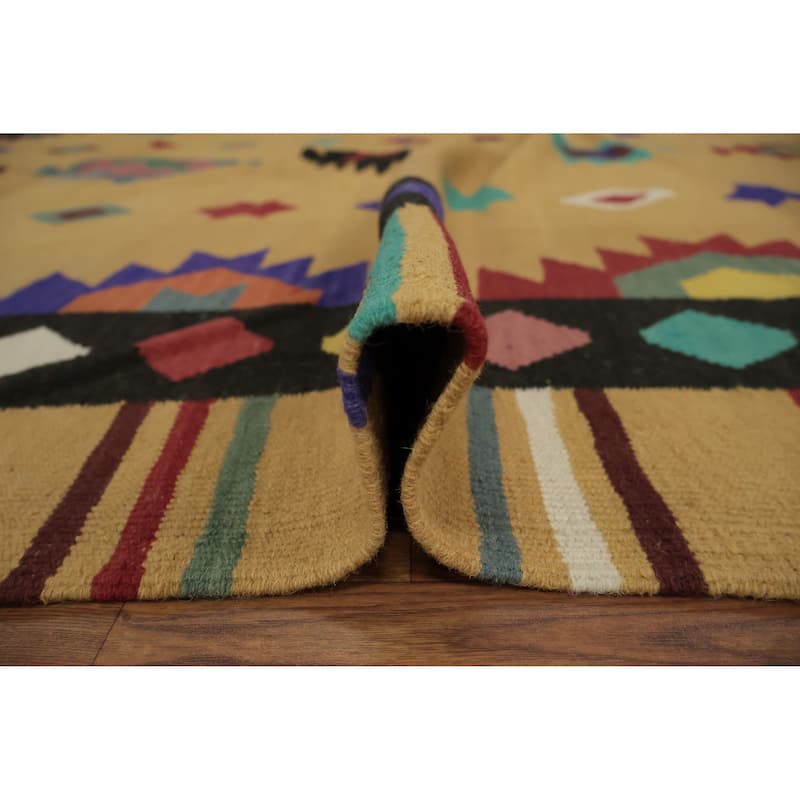 Hand Woven Oriental 100% Wool Carpet Southwestern Tribal Yellow & Gold Kilim Area Rug - 9' 10'' X 8' 2''
