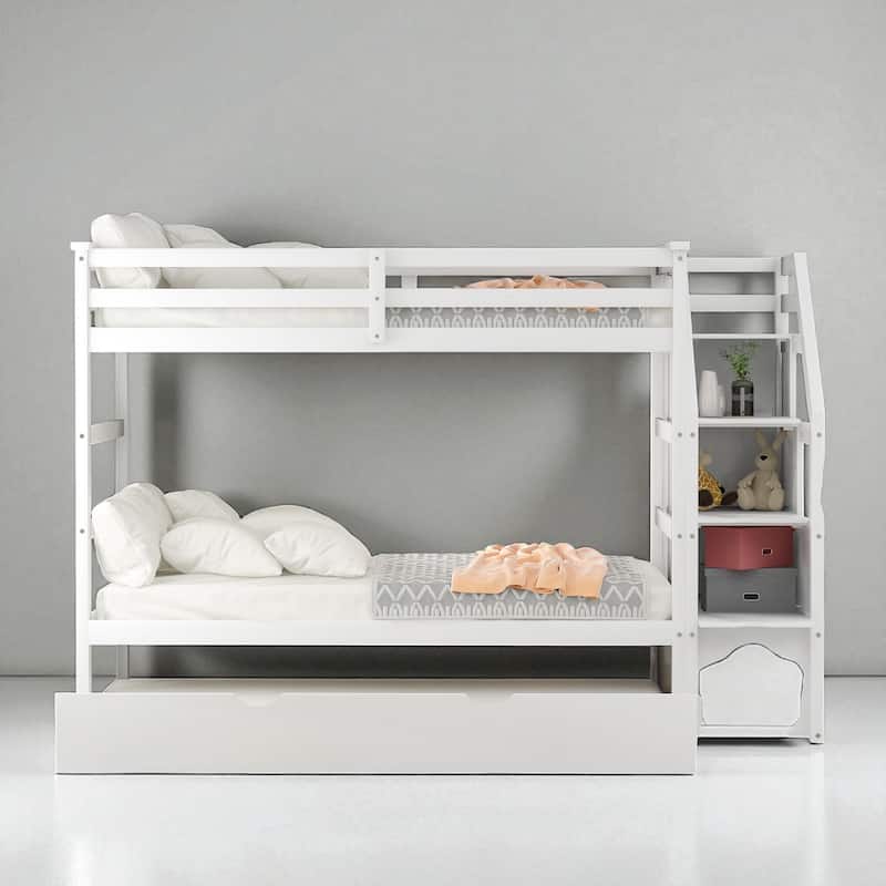 Twin Over Twin Bunk Bed with Trundle and 3 Storage Stairs, Solid Wood Frame, No Box Spring Required - White - Twin
