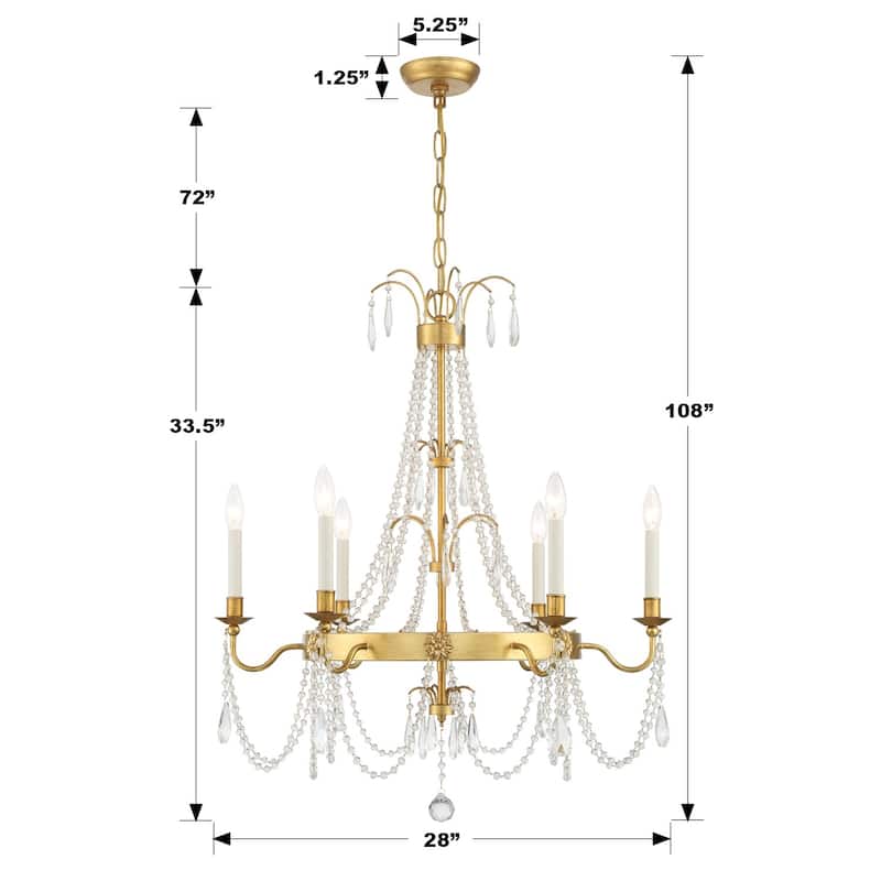 Maizey 6 Light Antique Gold Chandelier - 28"W x 33.5"H x 28"D