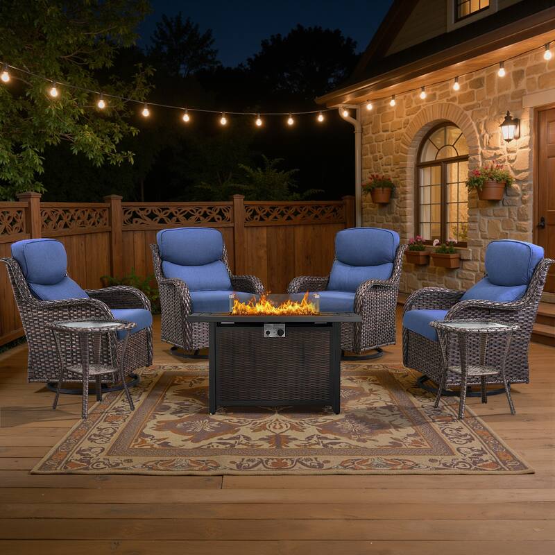 Meyreso 7-Piece Outdoor Patio Wicker Fire Pit 4 person Conversation Set with 5-Inch Thick Cushions - Navy Blue Cushions - Brown Wicker