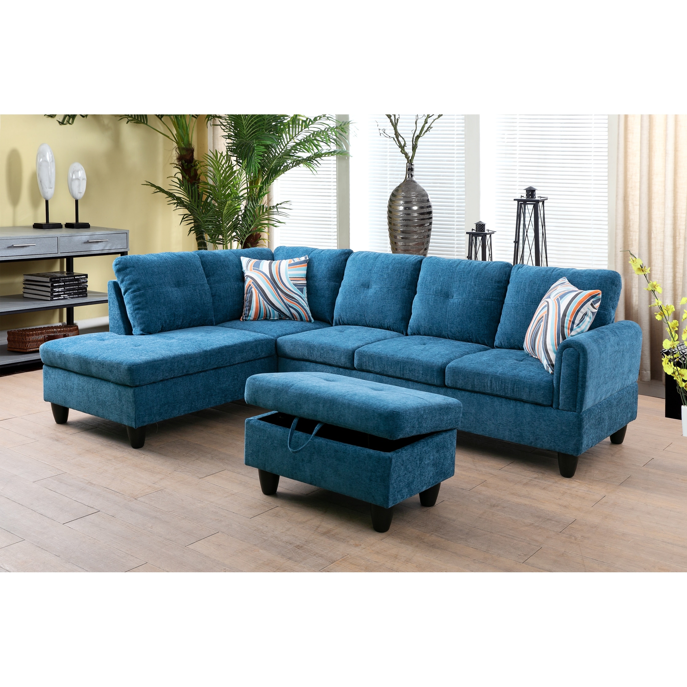 Sapphire 3 Pieces Sectional Sofa Set Blue Velve 09712
