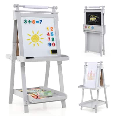 Kids Adjustable Art Easel with Chalkboard Whiteboard Paper Roll and Storage Folding Wooden Drawing Board - 21.5" x 26" x 42"