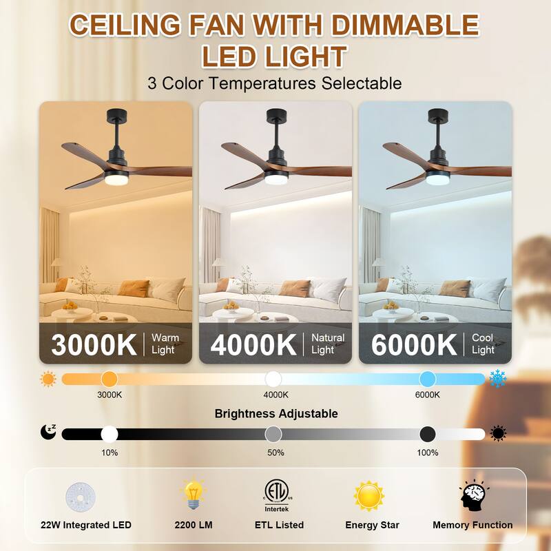 Sofucor 48/52 Inch Ceiling Fan with Light, Solid Wood Blades for Living Room, Bedroom,Smart Optional