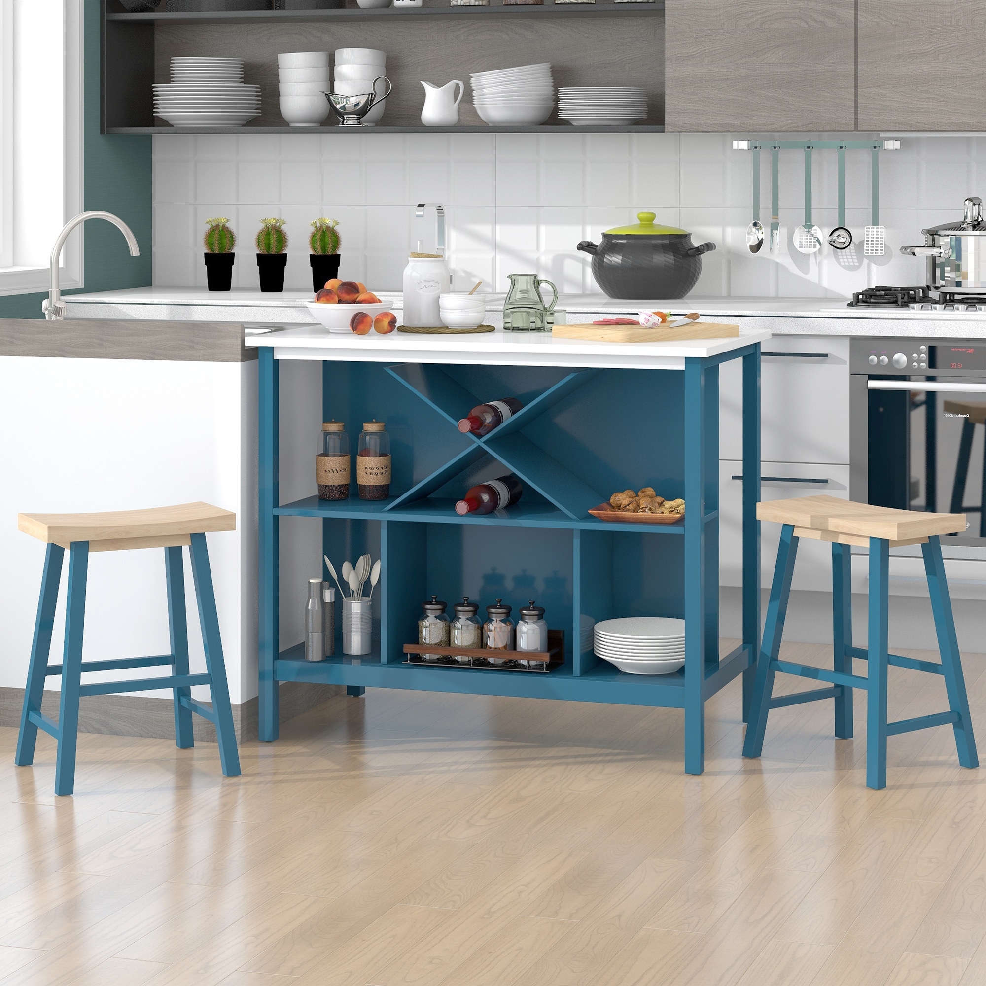 3 Piece Wooden Fixed Kitchen Island Set 2 Seat Dining Table Set