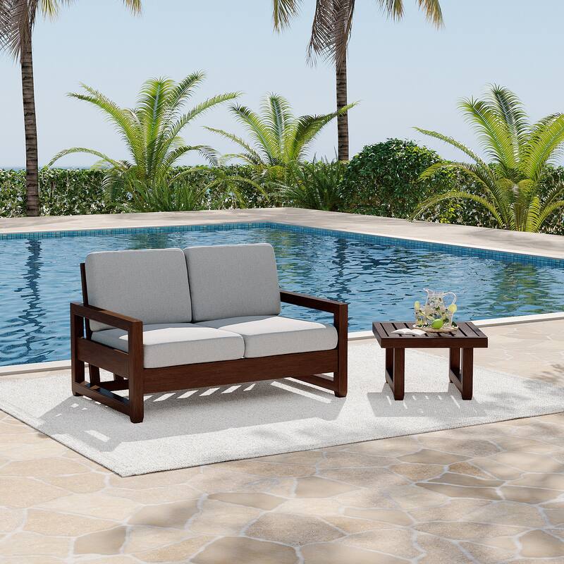 Teak Loveseat Patio Set with Cushions and Table (2-Piece)