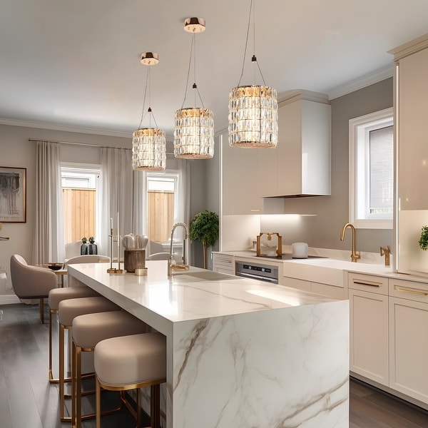 Lnc Modern Glam LED 1 Light Crystal Drum Island Pendant Rose Gold Island Lights for Dining Room D9.1 inch h75.9 inch Max Size D9.1 H75.9 Max