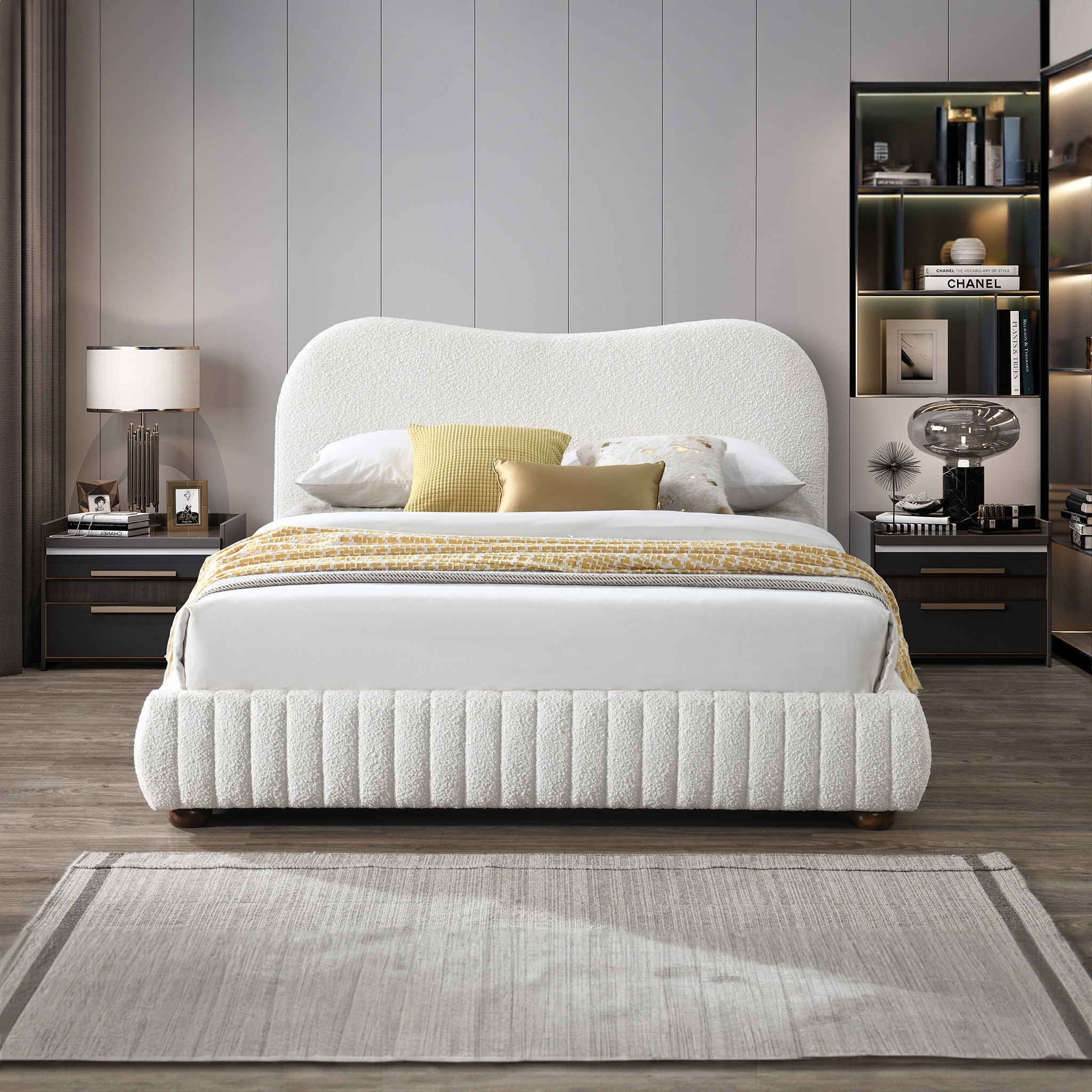 Monarch Mid-Century Queen Platform Bed in Cream Boucle