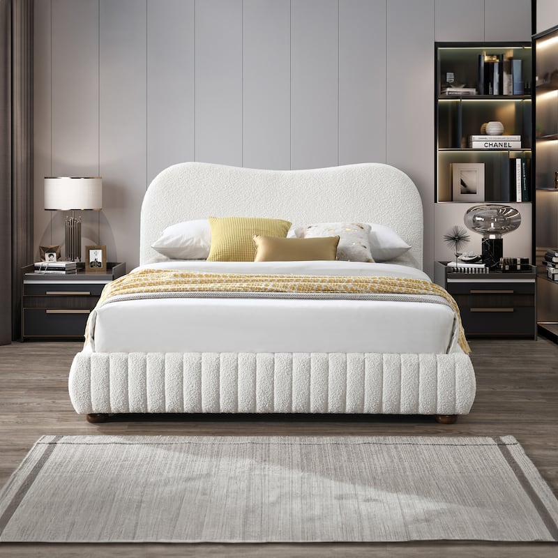 Monarch Mid-Century Queen Platform Bed in Cream Boucle - Cream Boucle - Queen