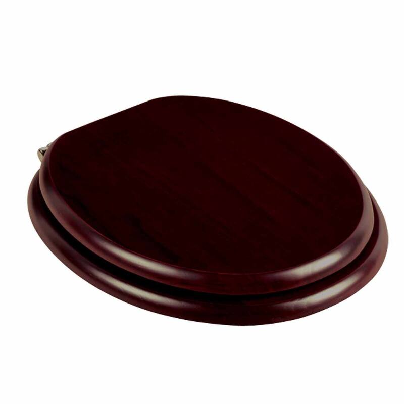 Cherry Finish Wooden Round Toilet Seat with Lid with Chrome Hinges and Non Slip Polymer Bumper Stabilizers