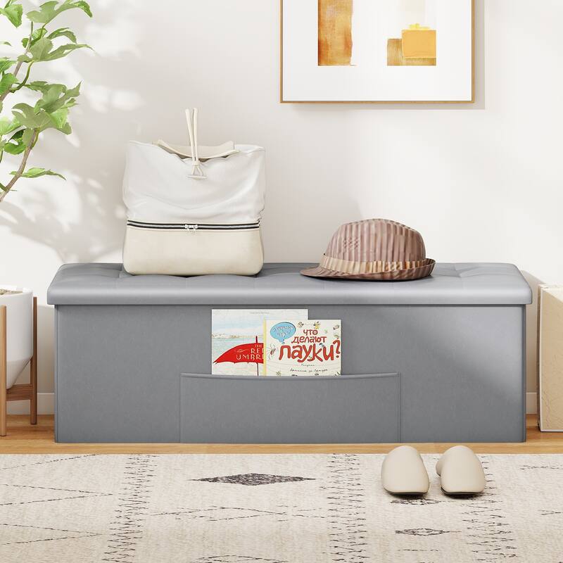 43 Inch PU Leather Storage Ottoman Bench with 38 Gallon Capacity Removable Divider and Foam Cushion for Living Room Entryway