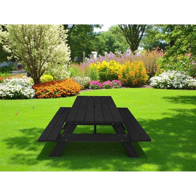 HomeRoots Black Solid Wood Dining Set with Two Benches With Umbrella Hole - 3 - Black
