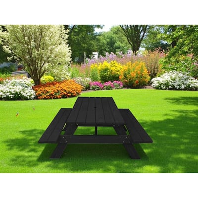 HomeRoots Black Solid Wood Dining Set with Two Benches With Umbrella Hole - 3