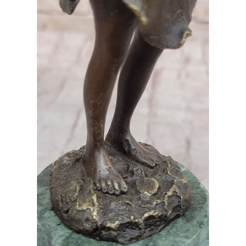 Young Child Girl Angel Fairy Winged Figure Bronze Sculpture On Green Marble Base