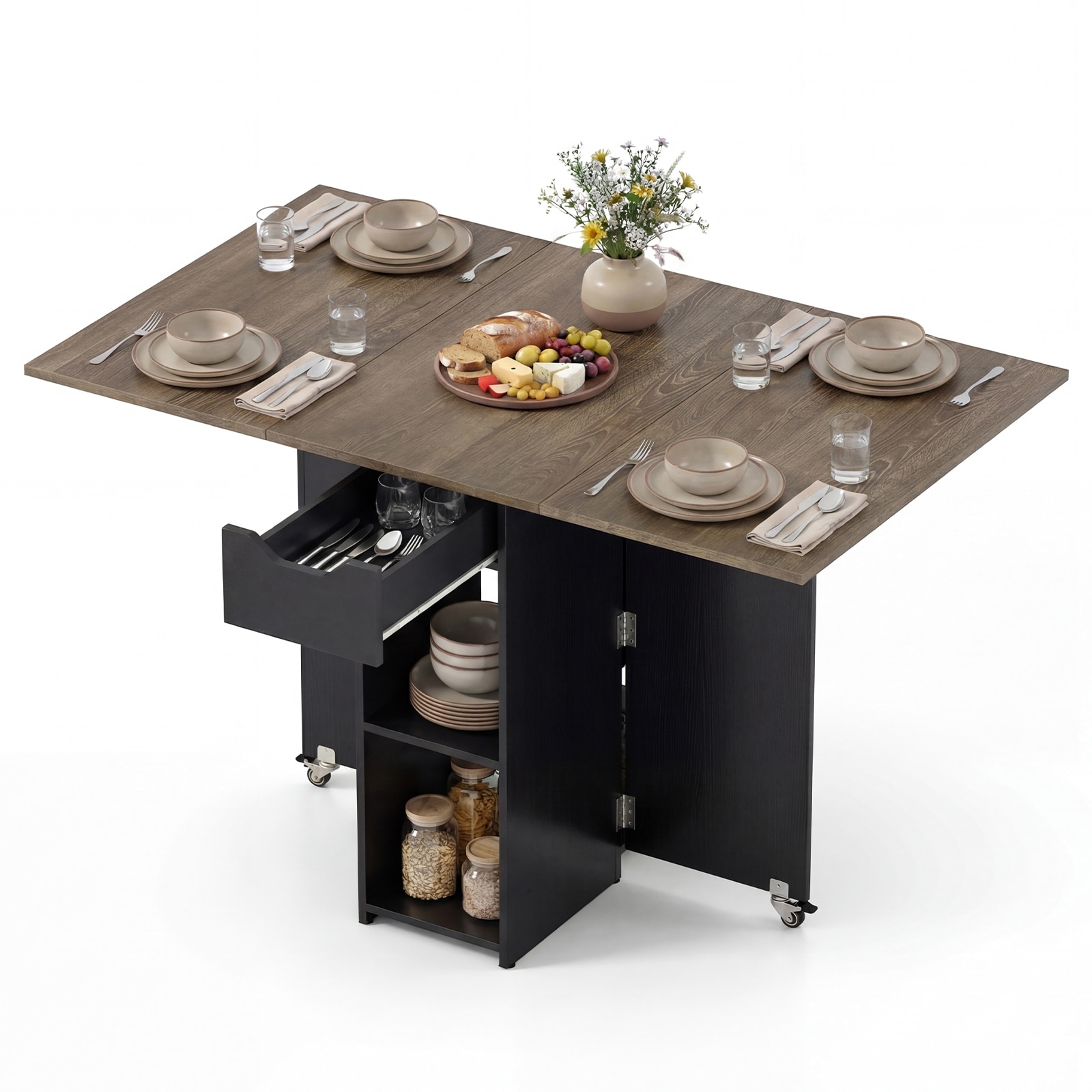 Gymax Folding Dining Table for 2-4 w/2 Open Shelves Drawer 2 Lockable