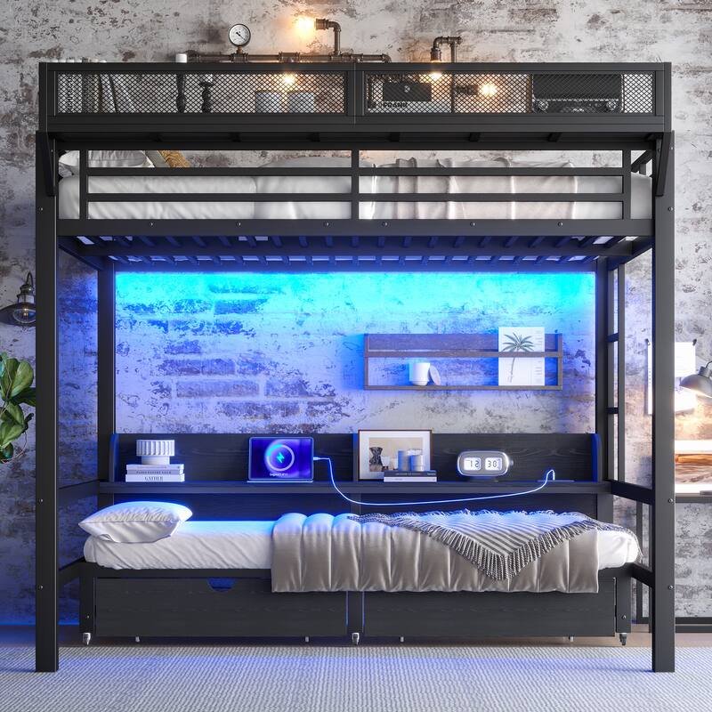Queen over Queen Bunk Bed with Storage Shelves & Drawers, USB Ports & LED Lights, Convertible Sofa Lower Bed