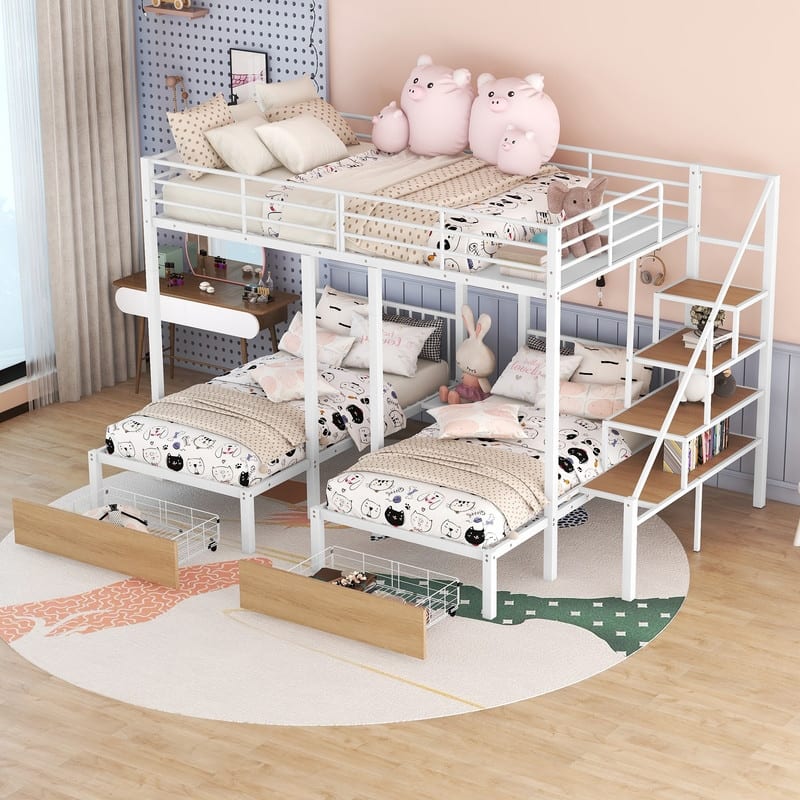 Full over Twin over Twin Metal Triple Bunk Bed with Drawers, Staircase