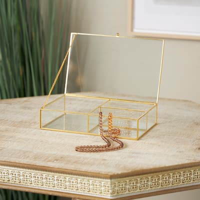 Clear Glass 3 or 6 Slot Jewelry Box with Gold Metal Frame and Chain Accent
