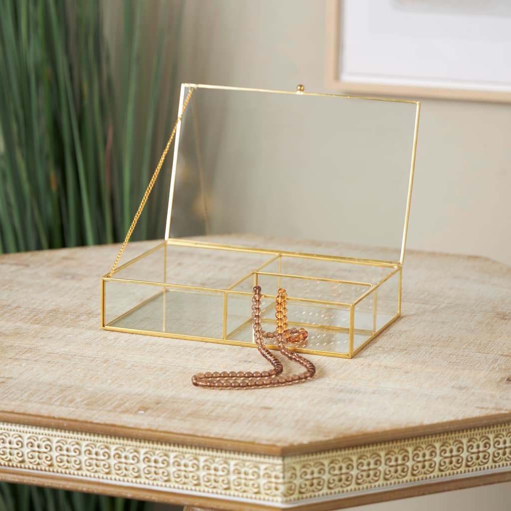 Clear Glass 3 or 6 Slot Jewelry Box with Gold Metal Frame and Chain Accent