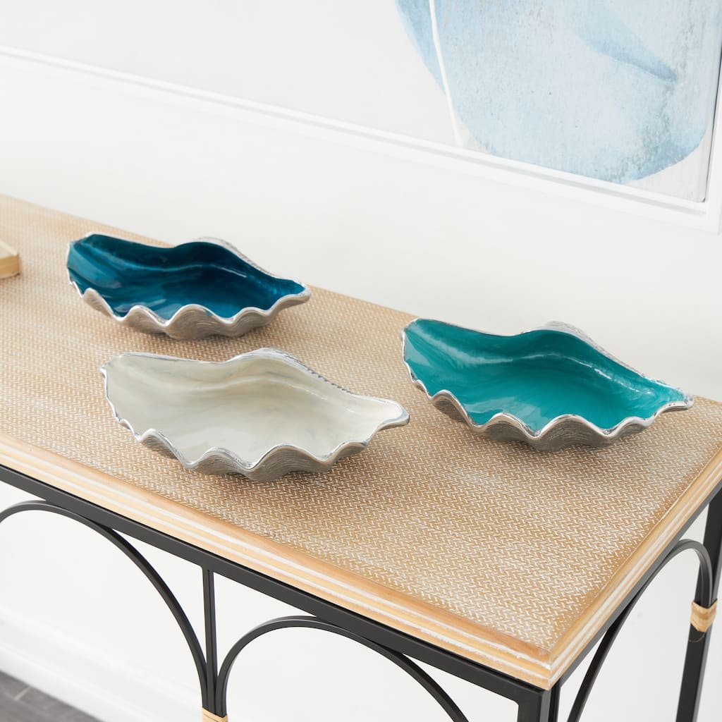 Multi Colored Aluminum Metal Handmade Enameled Shell Decorative Decorative Bowl with Textured Silver Bases (Set of 3)