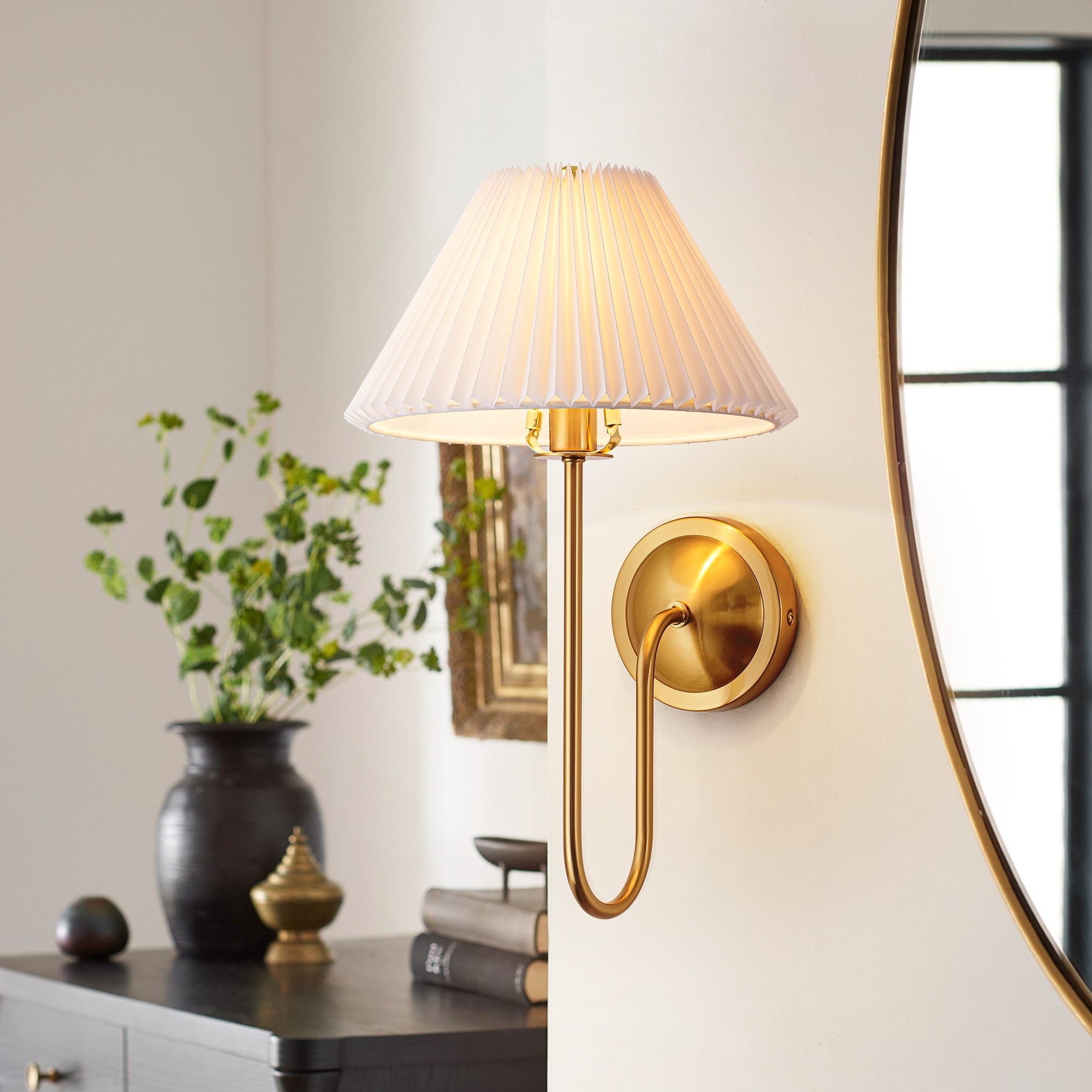 Rennnsan 1-Light Modern Transitional Brass Pleated Fabric Wall Sconce for Bedroom - 1 Light