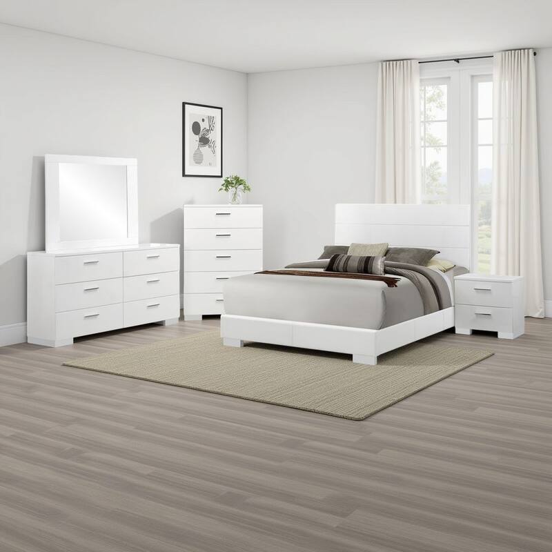 Sok 5pc Queen Bedroom Set with Dresser Mirror, White High Gloss Wood