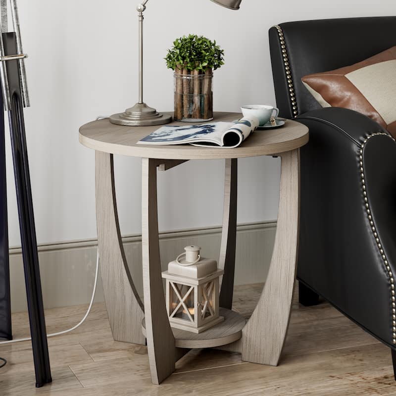 COZAYH Rustic Farmhouse End Table with Storage Shelf, French Country Accent Side Table, Round - Grey