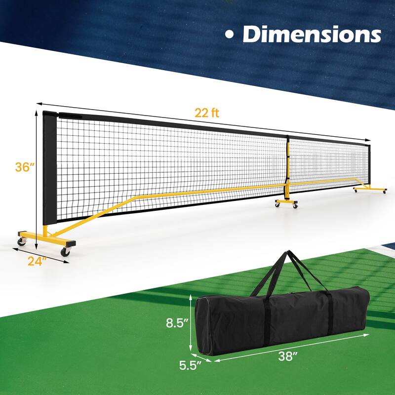 Black Portable 22 Feet PE Pickleball Net with Carry Bag and Lockable Wheels Metal Frame