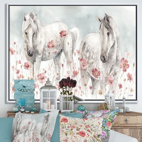 Designart 'watercolors Pink Wild Horses ' Farmhouse Framed Canvas - Grey