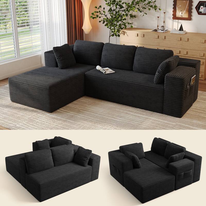 105" Cloud Sectional Couch with L-Shape Chaise, Modular Boneless Sofa, Upholstered Corduroy Couch - Black